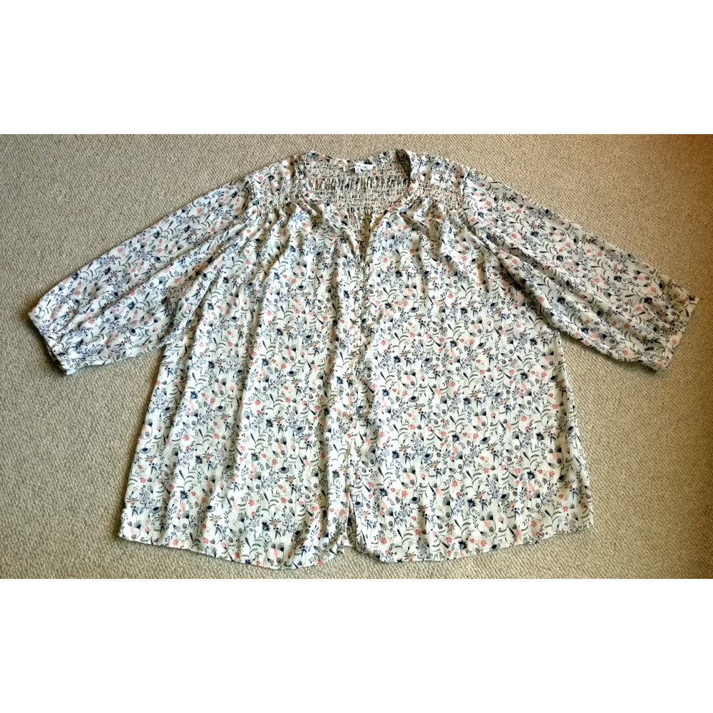 Womens Top-ROSE + OLIVE-ivory/pnk floral silky twee tunic Cottagecore smocked-3X